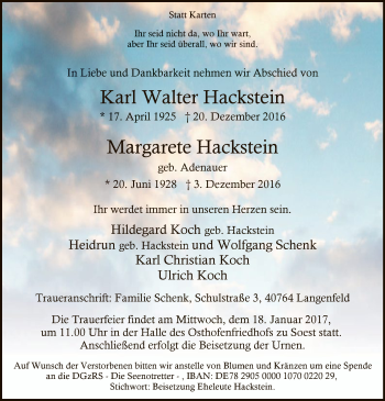 Traueranzeige von Karl Walter und Margarete Hackstein