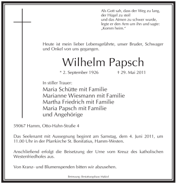 Traueranzeige von Wilhelm Papsch