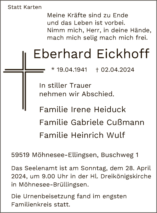 Traueranzeige von Eberhard Eickhoff