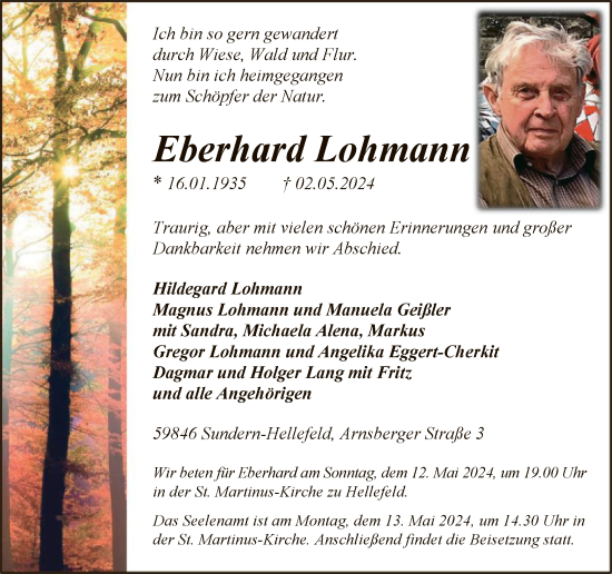 Traueranzeige von Eberhard Lohmann