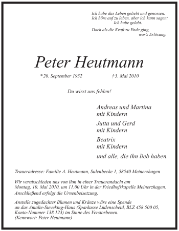 Traueranzeige von Peter Heutmann