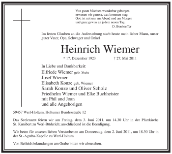 Traueranzeige von Heinrich Wiemer