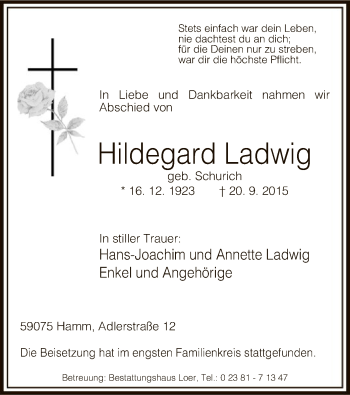 Traueranzeige von Hildegard Ladwig