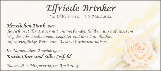 Traueranzeige von Elfriede Brinker