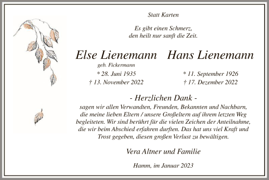 Traueranzeige von Else und Hans Lienemann