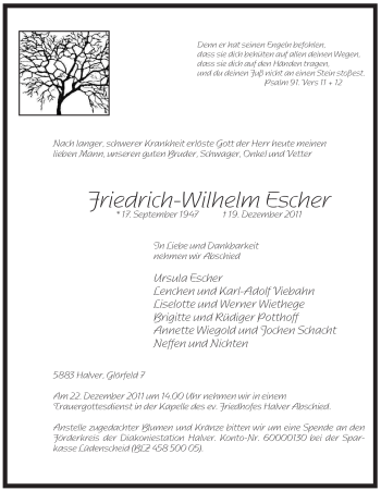 Traueranzeige von Friedrich-Wilhelm Escher