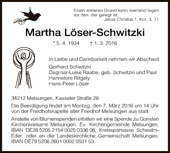 Traueranzeige von Martha Löser-Schwitzki