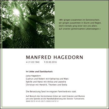 Traueranzeige von Manfred Hagedorn
