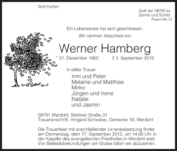 Traueranzeige von Werner Hamberg
