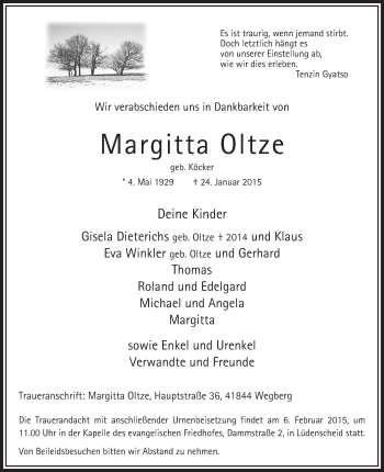 Traueranzeige von Margitta Oltze