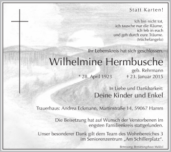 Traueranzeige von Wilhelmine Hermbusche