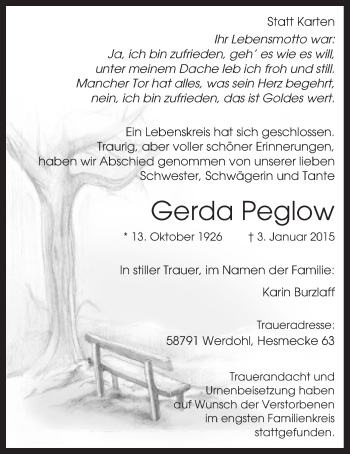 Traueranzeige von Gerda Peglow
