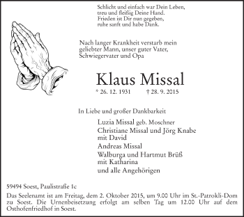 Traueranzeige von Klaus Missal