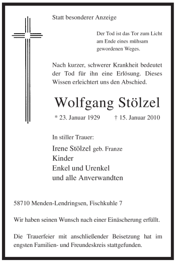 Traueranzeige von Wolfgang Stölzel