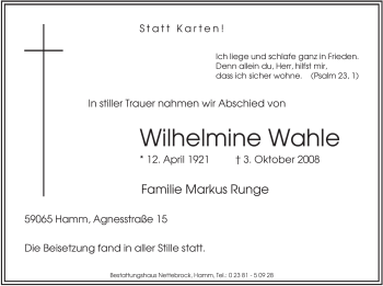 Traueranzeige von Wilhelmine Wahle