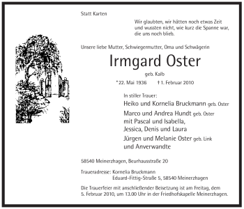Traueranzeige von Irmgard Oster