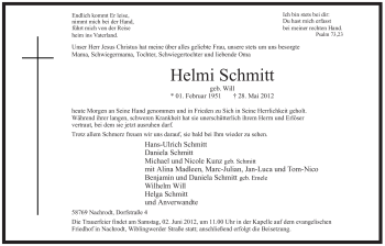 Traueranzeige von Helmi Schmitt