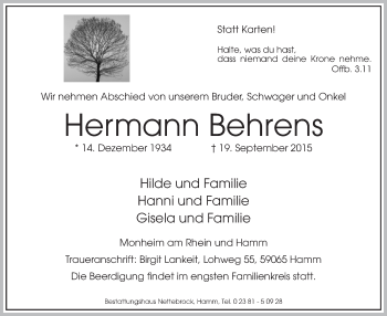 Traueranzeige von Hermann Behrens