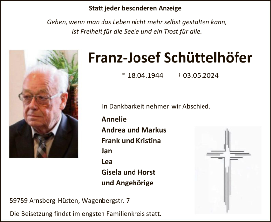 Traueranzeige von Franz-Josef Schüttelhöfer