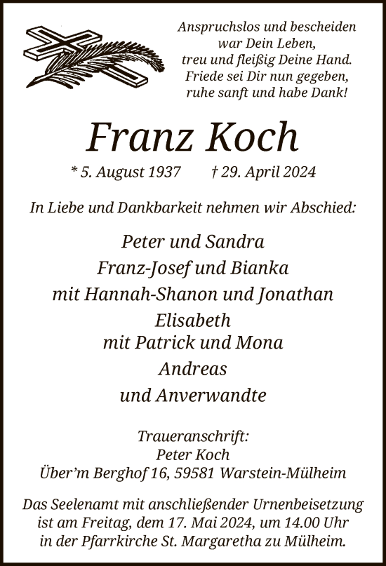 Traueranzeige von Franz Koch