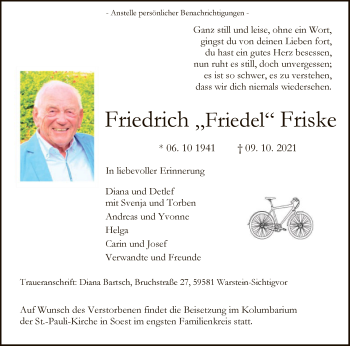 Traueranzeige von Friedrich Friedel Friske