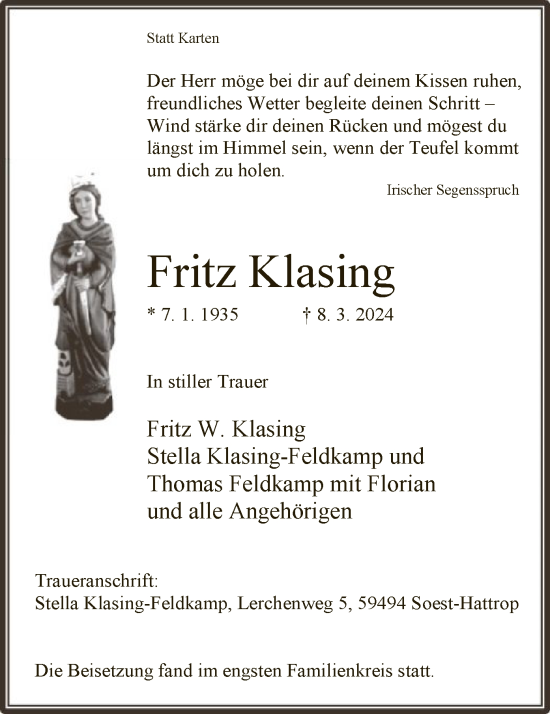 Traueranzeige von Fritz Klasing