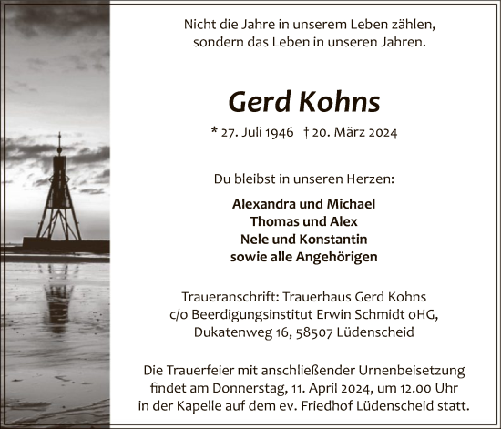 Traueranzeige von Gerd Kohns