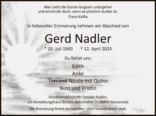 Traueranzeige von Gerd Nadler