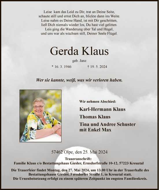 Traueranzeige von Gerda Klaus