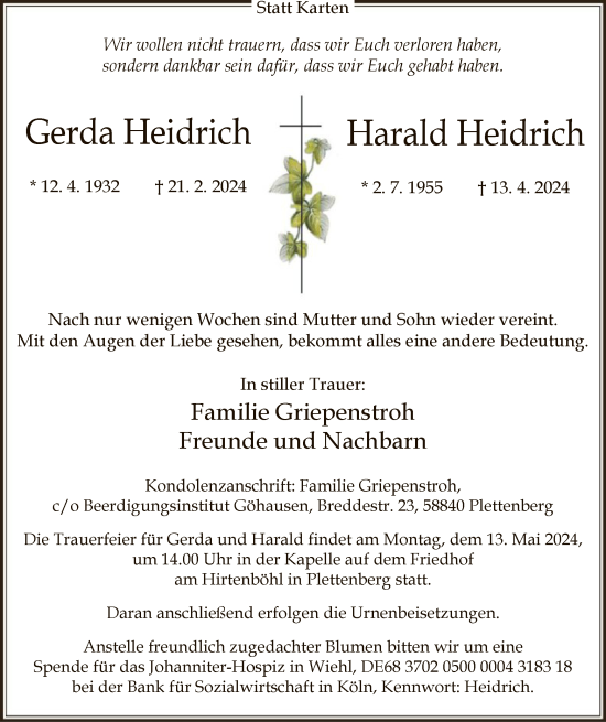 Traueranzeige von Gerda und Harald Heidrich