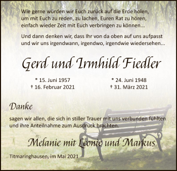Traueranzeige von Gerd und Irmhild Fiedler