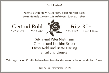 Traueranzeige von Gertrud und Fritz  Röhl