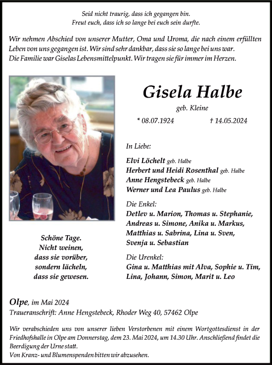 Traueranzeige von Gisela Halbe