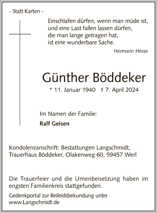 Traueranzeige von Günther Böddeker