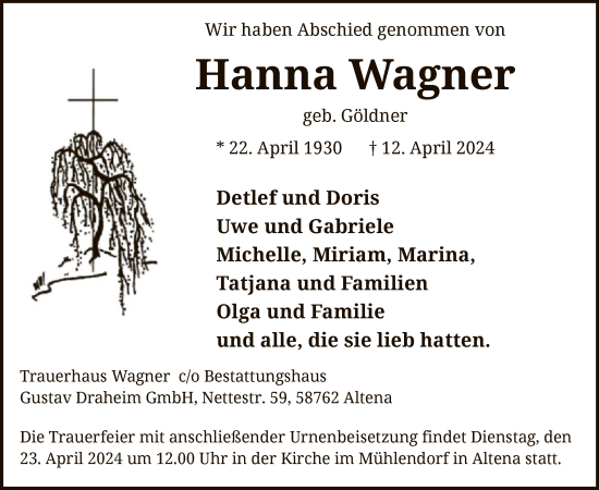 Traueranzeige von Hanna Wagner
