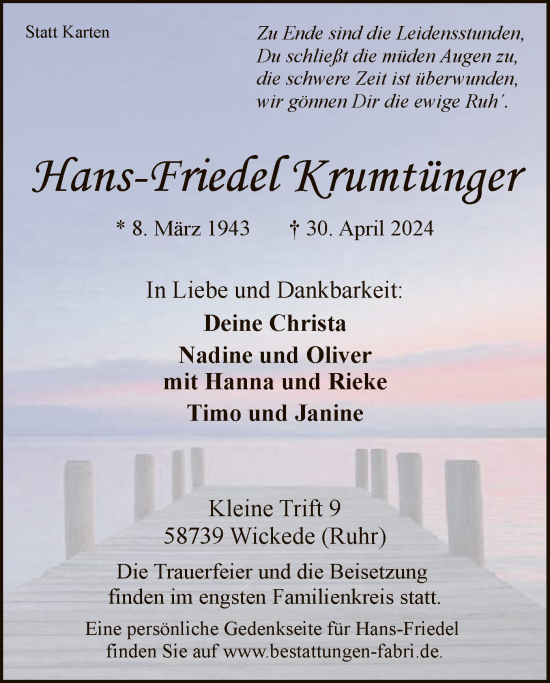 Traueranzeige von Hans-Friedel Krumtünger