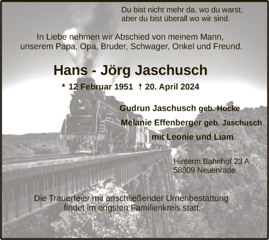Traueranzeige von Hans-Jörg Jaschusch