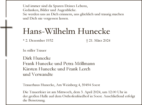 Traueranzeige von Hans-Wilhelm Hunecke
