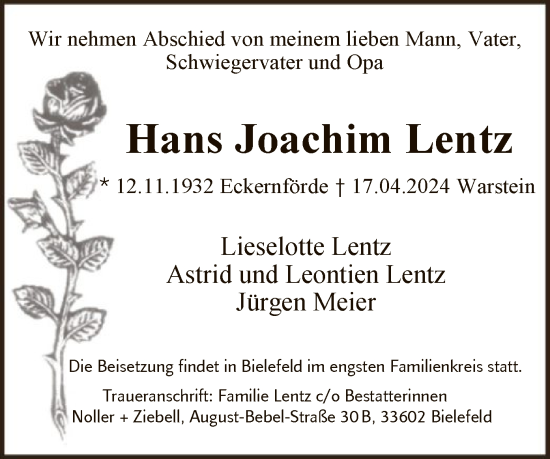 Traueranzeige von Hans Joachim Lentz