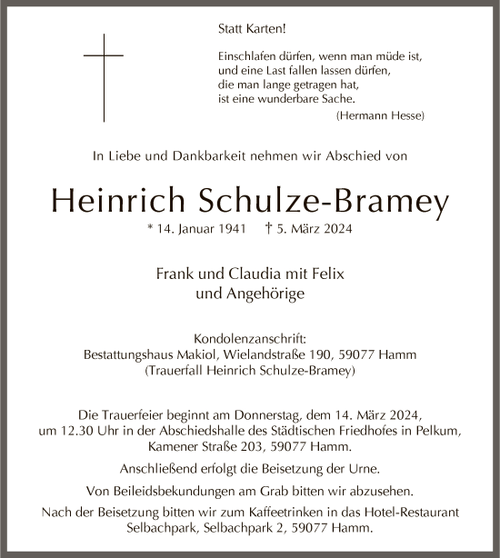 Traueranzeige von Heinrich Schulze-Bramey