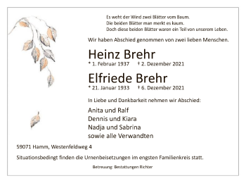 Traueranzeige von Heinz und Elfriede Brehr