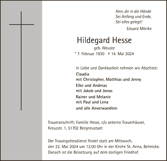 Traueranzeige von Hildegard Hesse