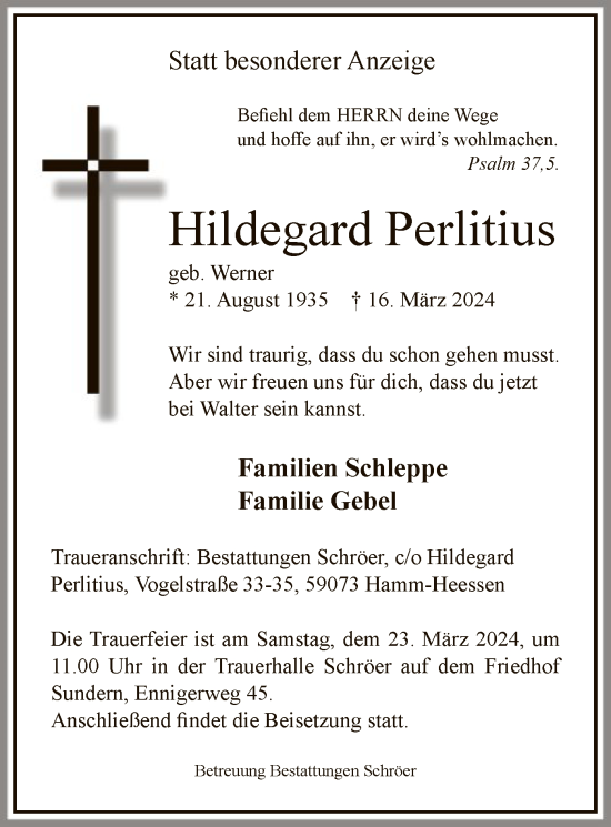 Traueranzeige von Hildegard Perlitius