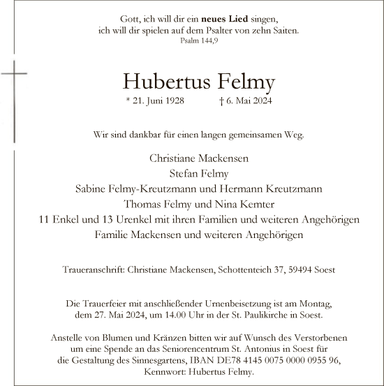 Traueranzeige von Hubertus Felmy