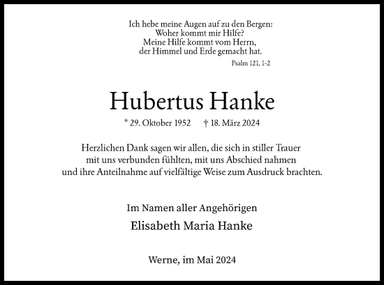 Traueranzeige von Hubertus Hanke