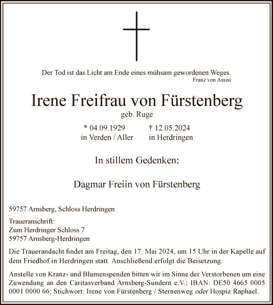Traueranzeige von Irene Freifrau von Fürstenberg