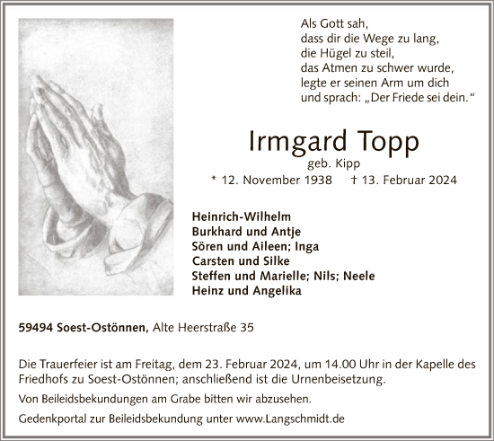 Traueranzeige von Irmgard Topp