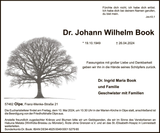 Traueranzeige von Johann Wilhelm Book