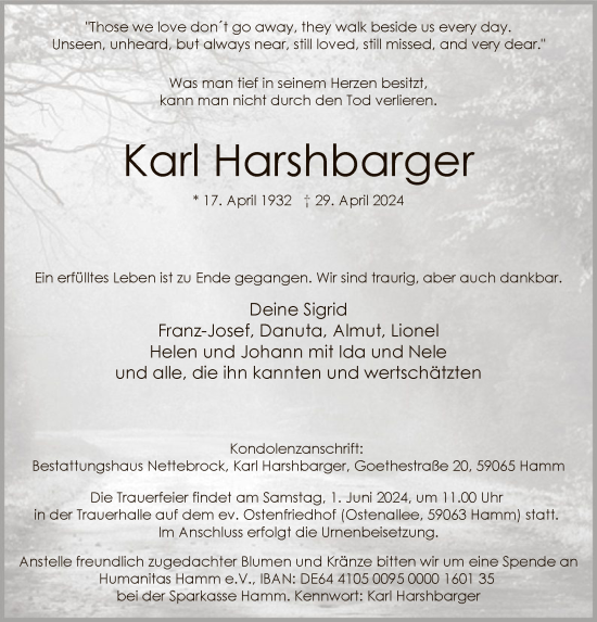 Traueranzeige von Karl Harshbarger