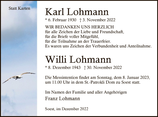 Traueranzeige von Karl und Willi Lohmann